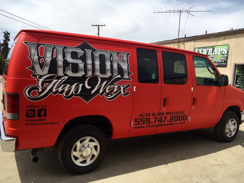 Red Vision Glass Werx commercial van with chrome lettering
